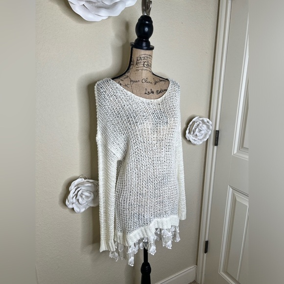 NTM: Entro Open Weave Knit Crochet Layered Lace Cream Tunic Sweater Sz M - Picture 6 of 16